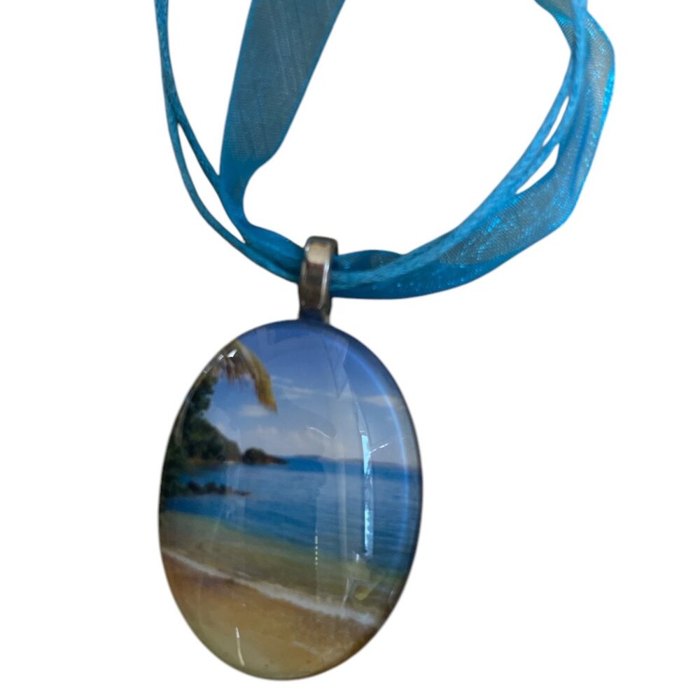 Necklace: Cabochon Sea Beach Necklace Silver with Blue Ribbon Lace and Thin Rope